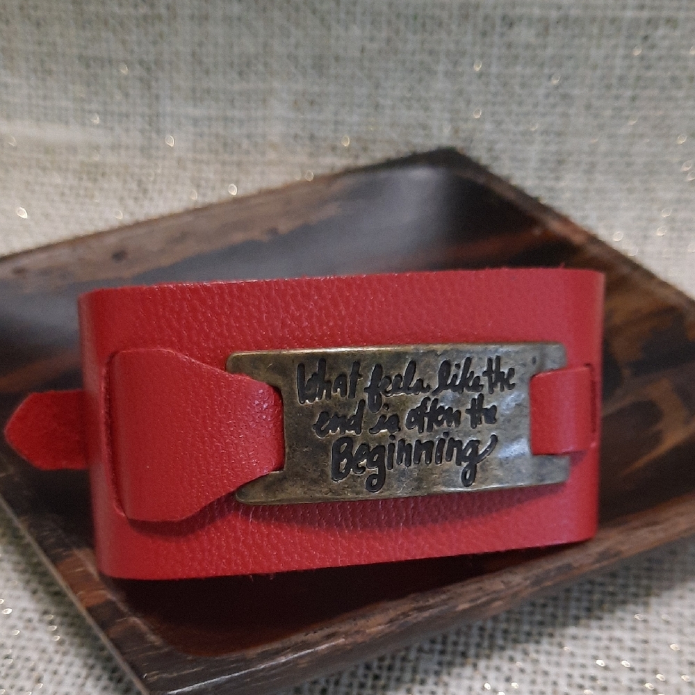 Red Leather Bracelet with Inspirational Plaque in Antique Bronze